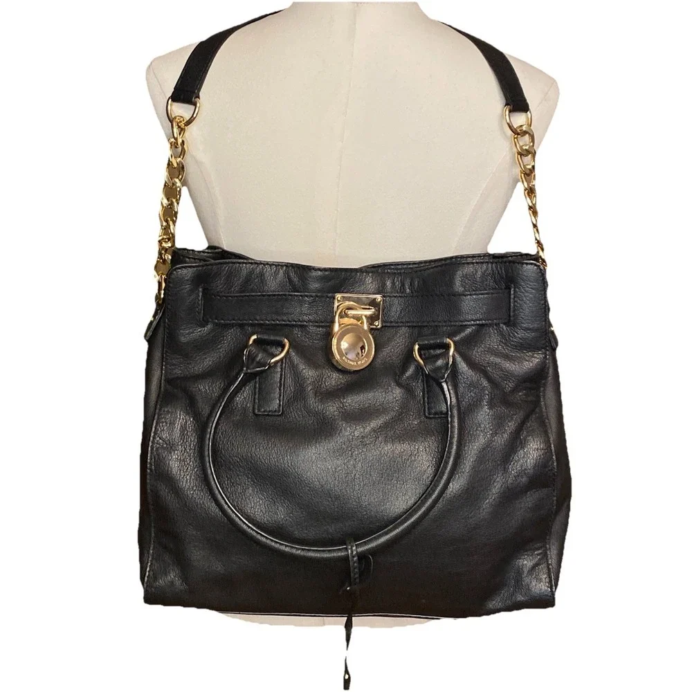 Michael Kors black leather handbag Gold Chain Handle Multi Pockets Dust bag